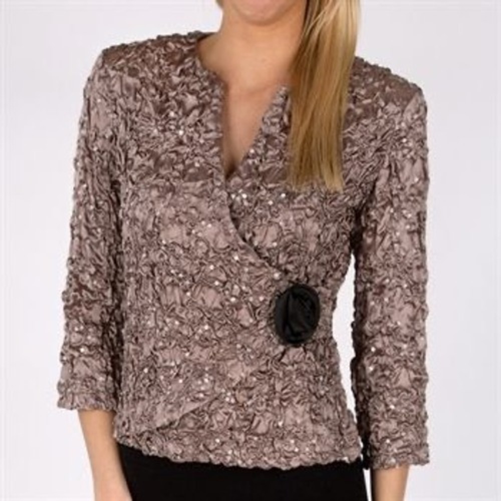 Cachet Womens Ruched Sequin Evening Top Mauve Taupe Rosette V-Neck Size S